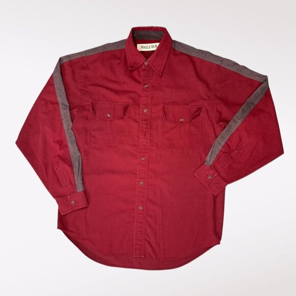 Vintage Bugle Boy Red Button Up Shirt Gray Stripe Medium - Picture 1 of 9